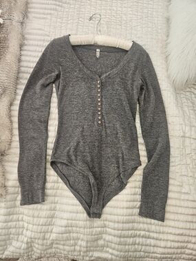 Free People Heather Gray Long Sleeve Henley Bodysuit